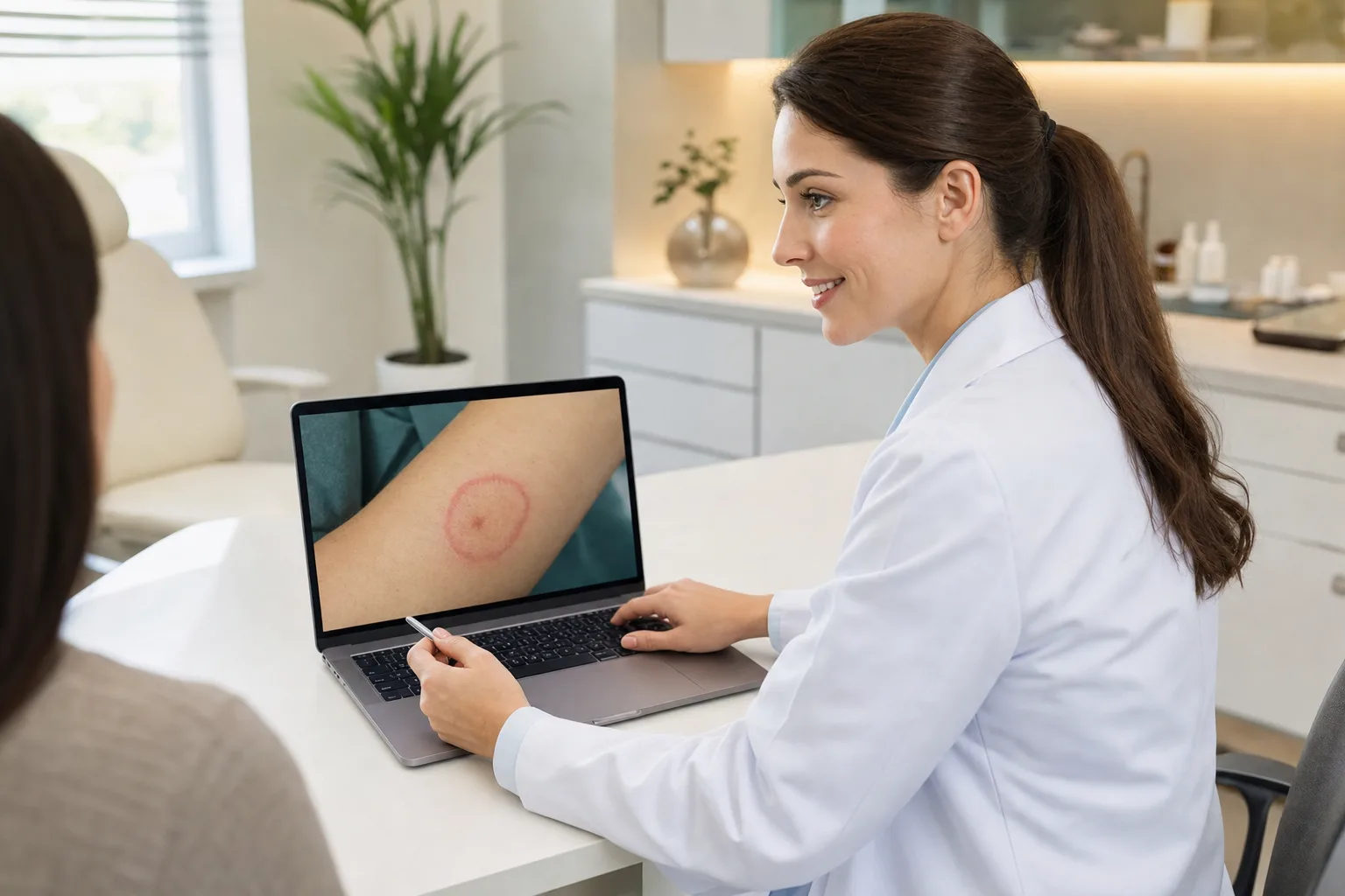 Dermatologist remotely assessing the bite site from photos