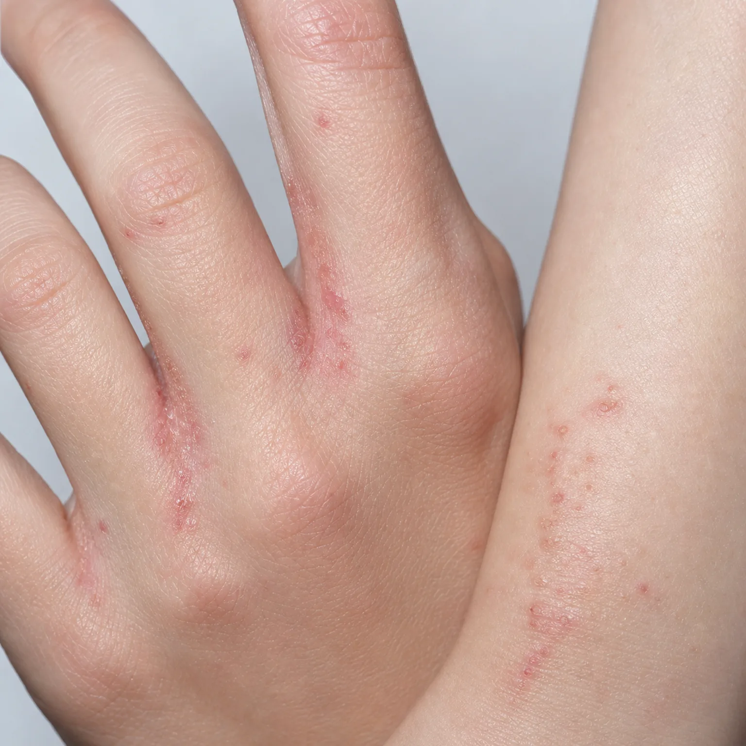 Illustration der typischerweise von Krätze betroffenen Hautstellen: zwischen den Fingern und an den Handgelenken